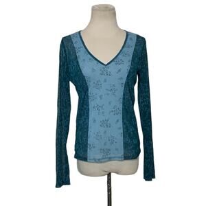 New York & Company v neck blue floral semi sheer long sleeves top size M